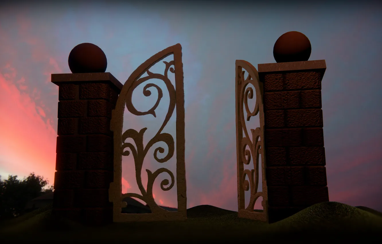 Photo wallpaper sunset, the evening, rust, ruins, blender3d, wicket