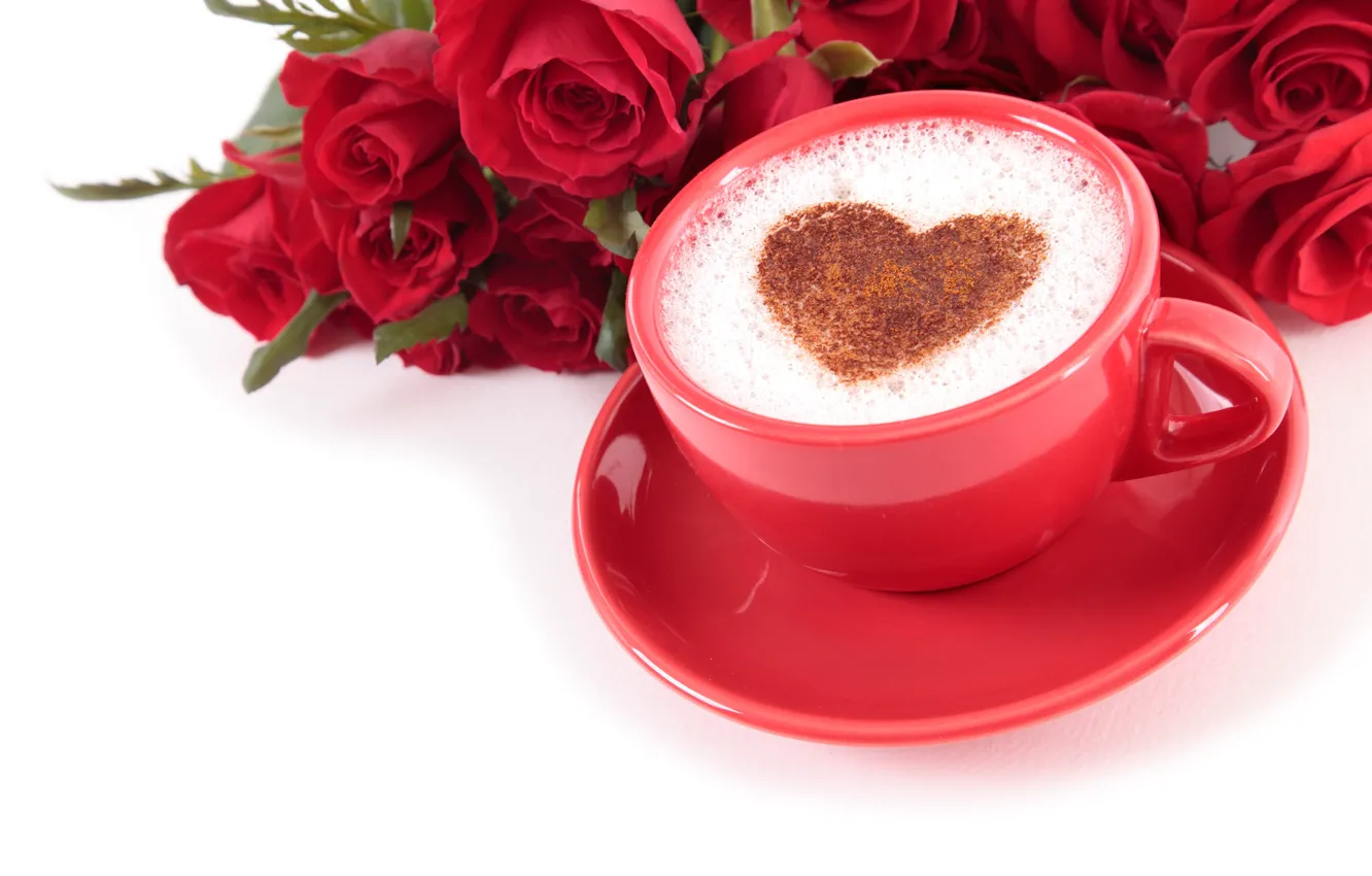 Photo wallpaper flowers, mood, holiday, coffee, roses, bouquet, Cup, white background