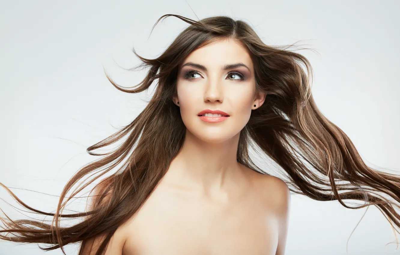 Photo wallpaper look, girl, the wind, brown hair, green-eyed, long-haired