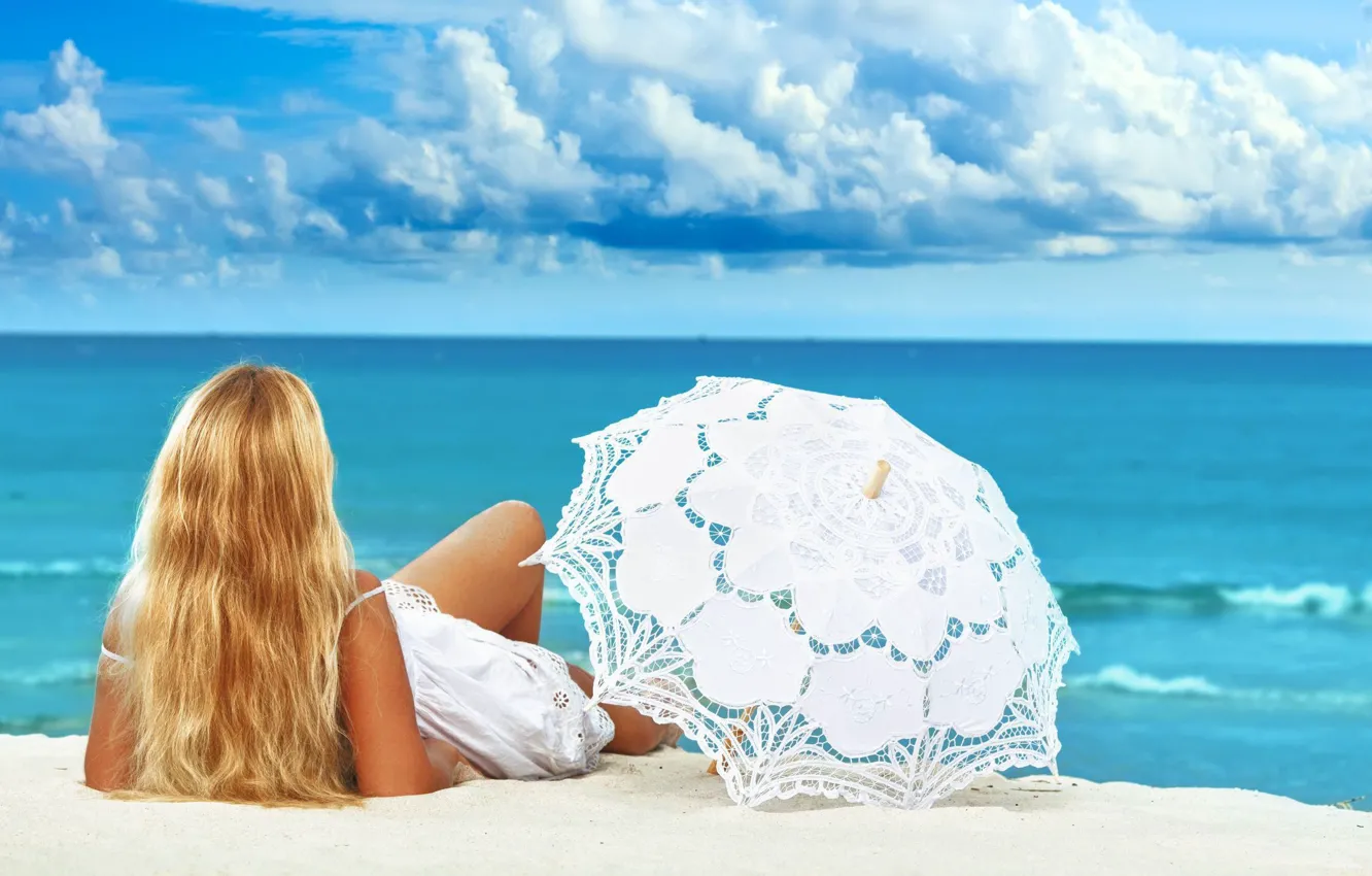 Photo wallpaper beach, summer, girl, umbrella, mood, the ocean, stay, vacation