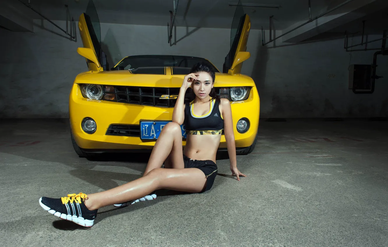 Photo wallpaper look, Girls, Chevrolet, Asian, beautiful girl, yellow car, posing on the car