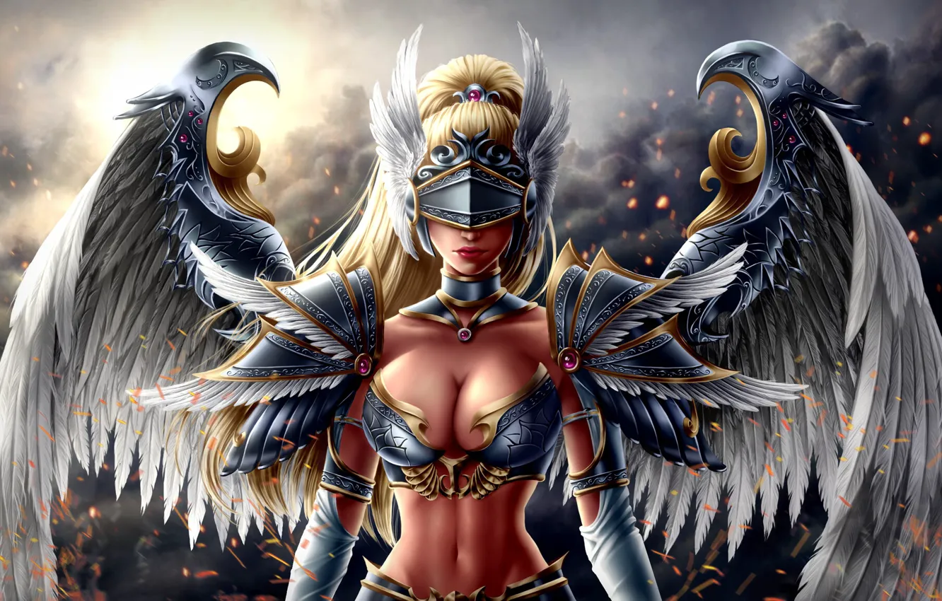 Photo wallpaper girl, fiction, woman, wings, armor, warrior, helmet, girl