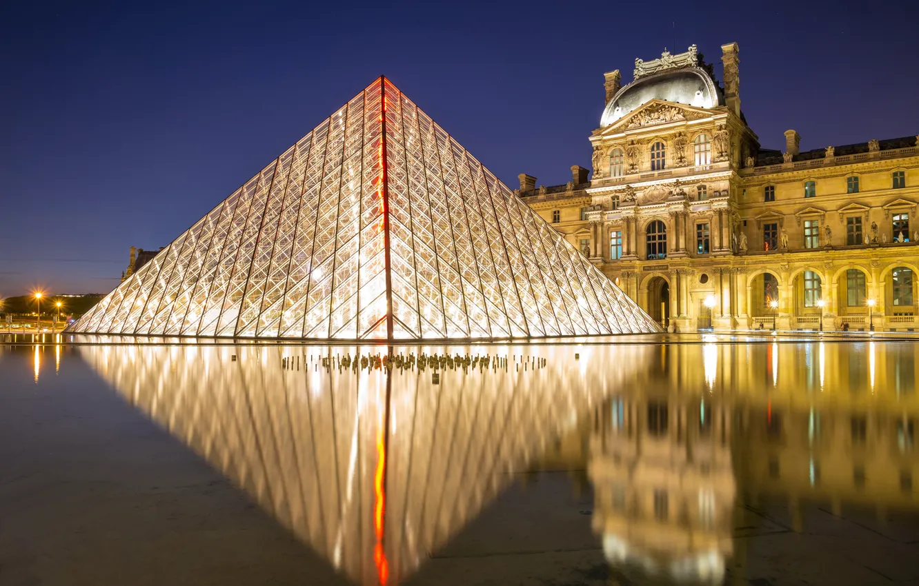 Photo wallpaper night, lights, France, Paris, The Louvre, area, lights, pyramid