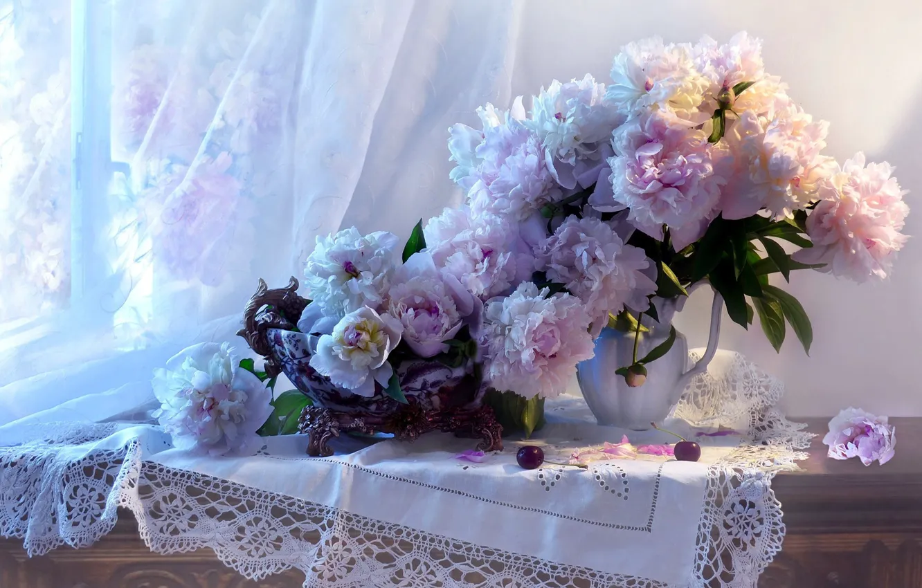 Photo wallpaper vase, still life, cherry, peonies