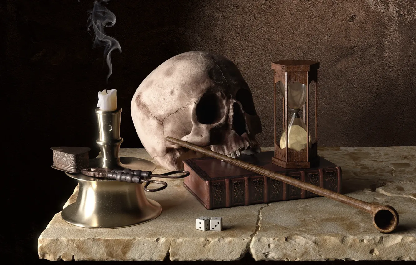 Photo wallpaper time, skull, candle, tube, art, bones, book, hourglass
