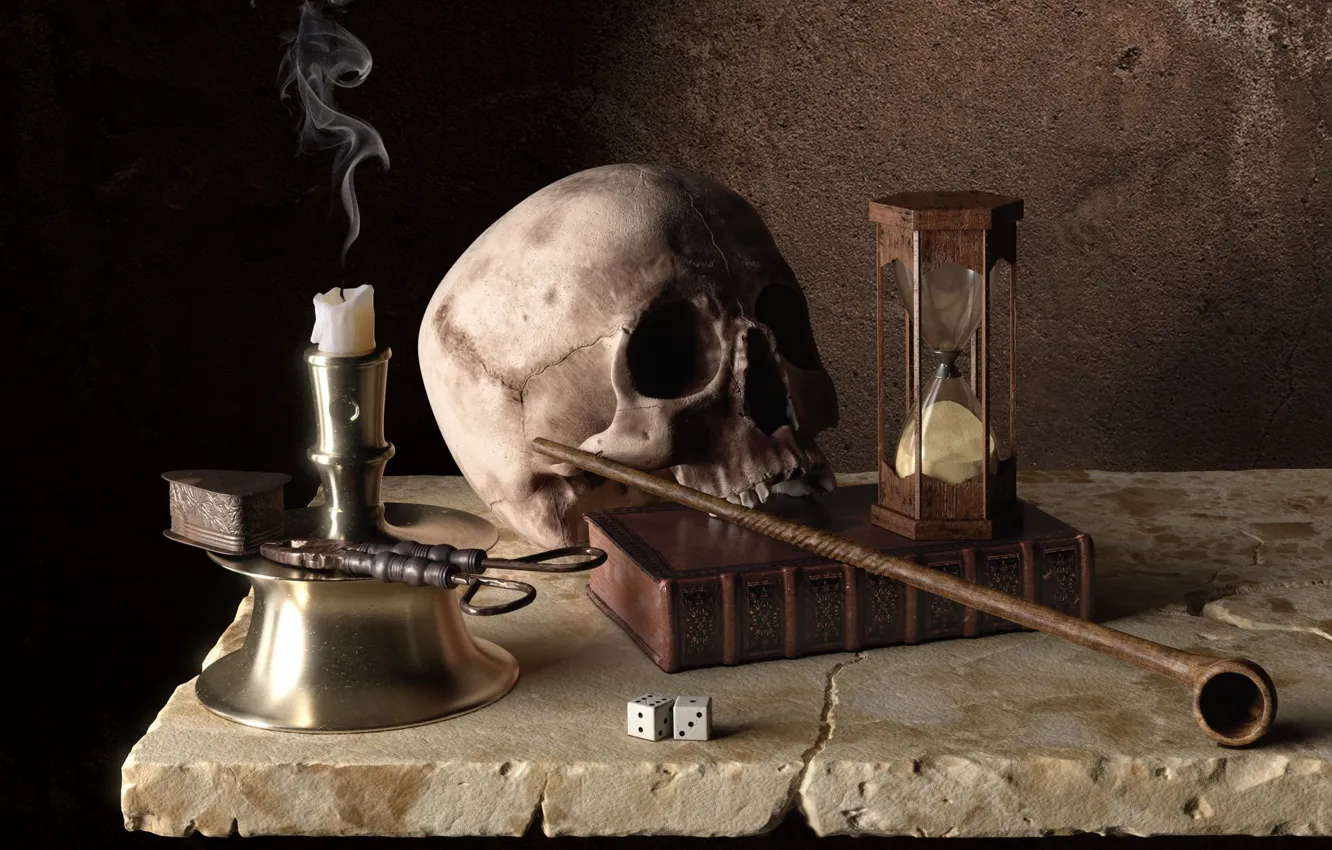 Photo wallpaper time, skull, tube, candles, art, bones, book, hourglass