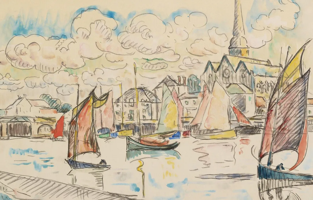 Photo wallpaper the city, figure, watercolor, sail, Paul Signac, Boats in the Port