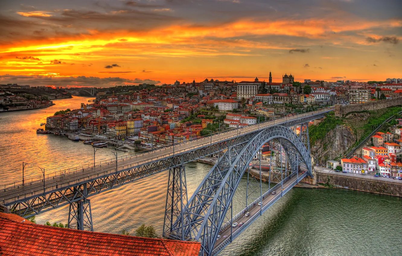 Photo wallpaper sunset, bridge, river, home, the evening, channel, Portugal, Porto