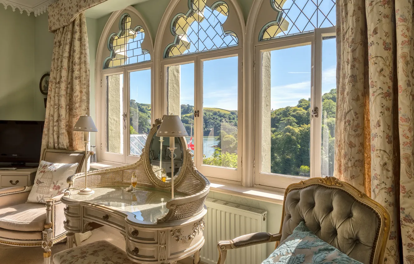 Photo wallpaper design, style, lamp, chair, mirror, window, curtains, table