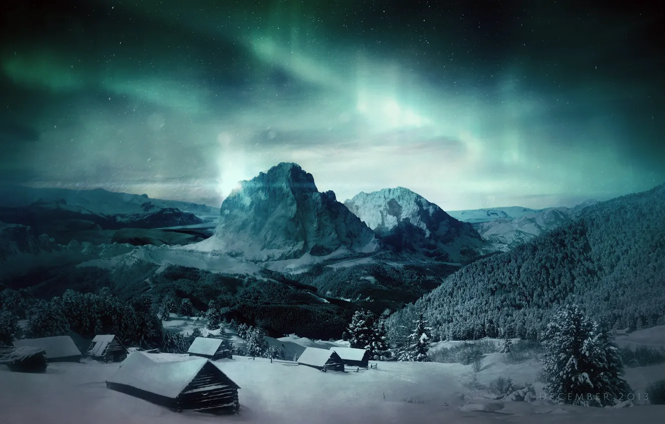 Photo wallpaper mountains, lights, village, good night
