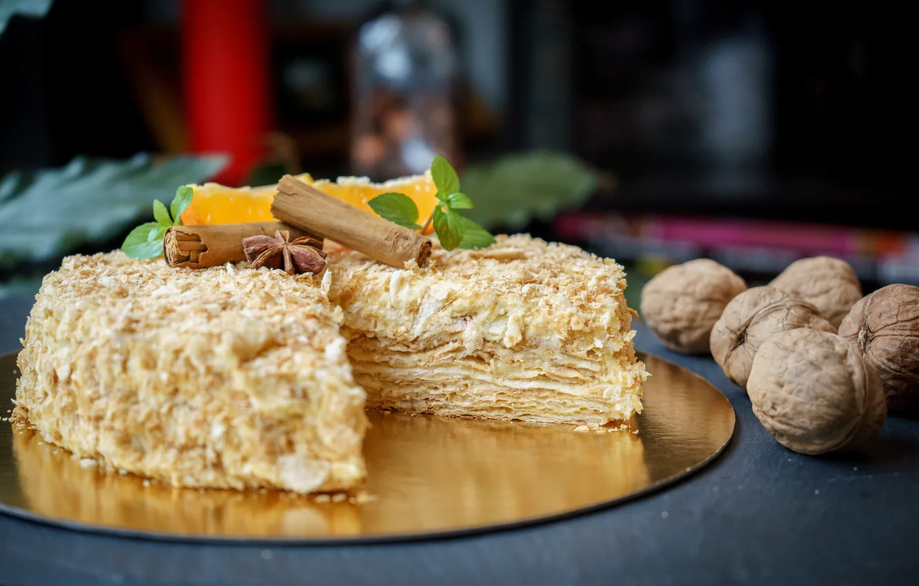 Photo wallpaper cake, nuts, cinnamon, Napoleon