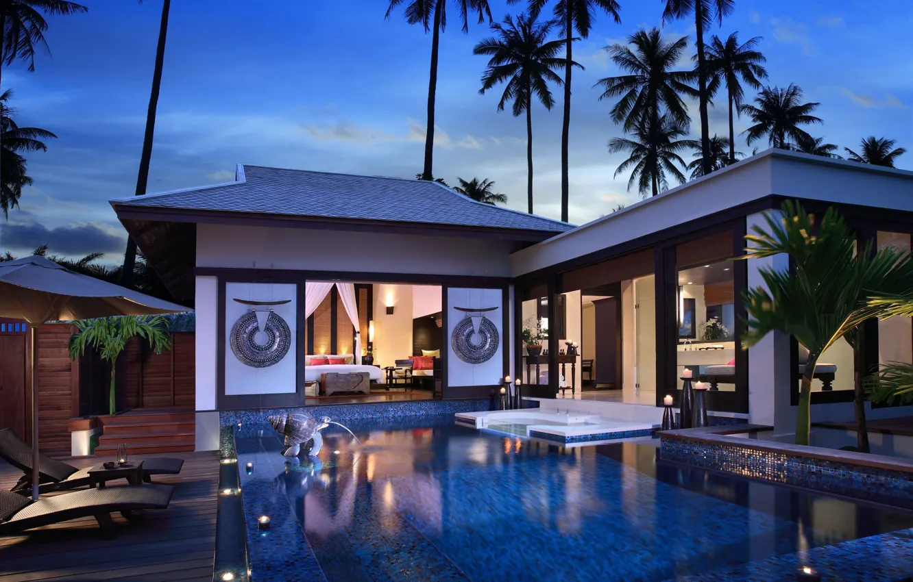 Photo wallpaper the city, palm trees, Villa, the evening, pool, architecture, terrace