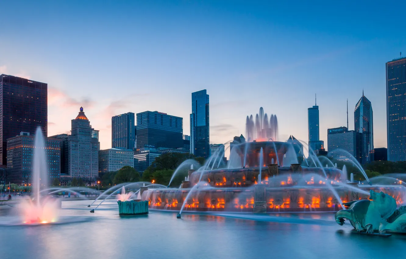 Photo wallpaper lights, home, the evening, Chicago, fountain, USA
