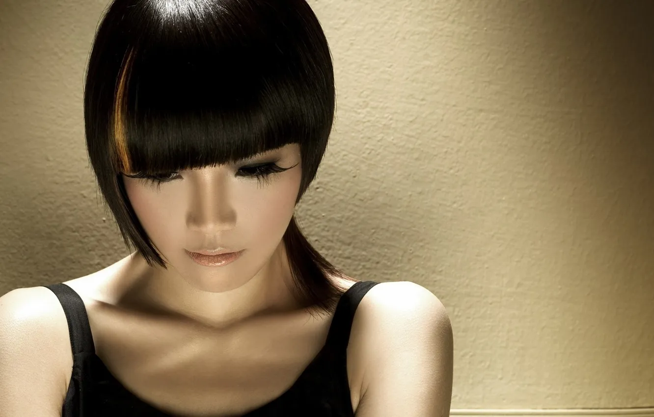 Photo wallpaper eyes, girl, face, eyelashes, background, hair, hands, Asian