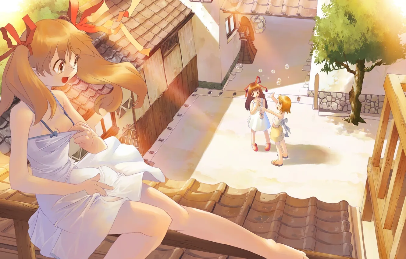 Photo wallpaper roof, leaves, girl, rays, trees, joy, green, the wind