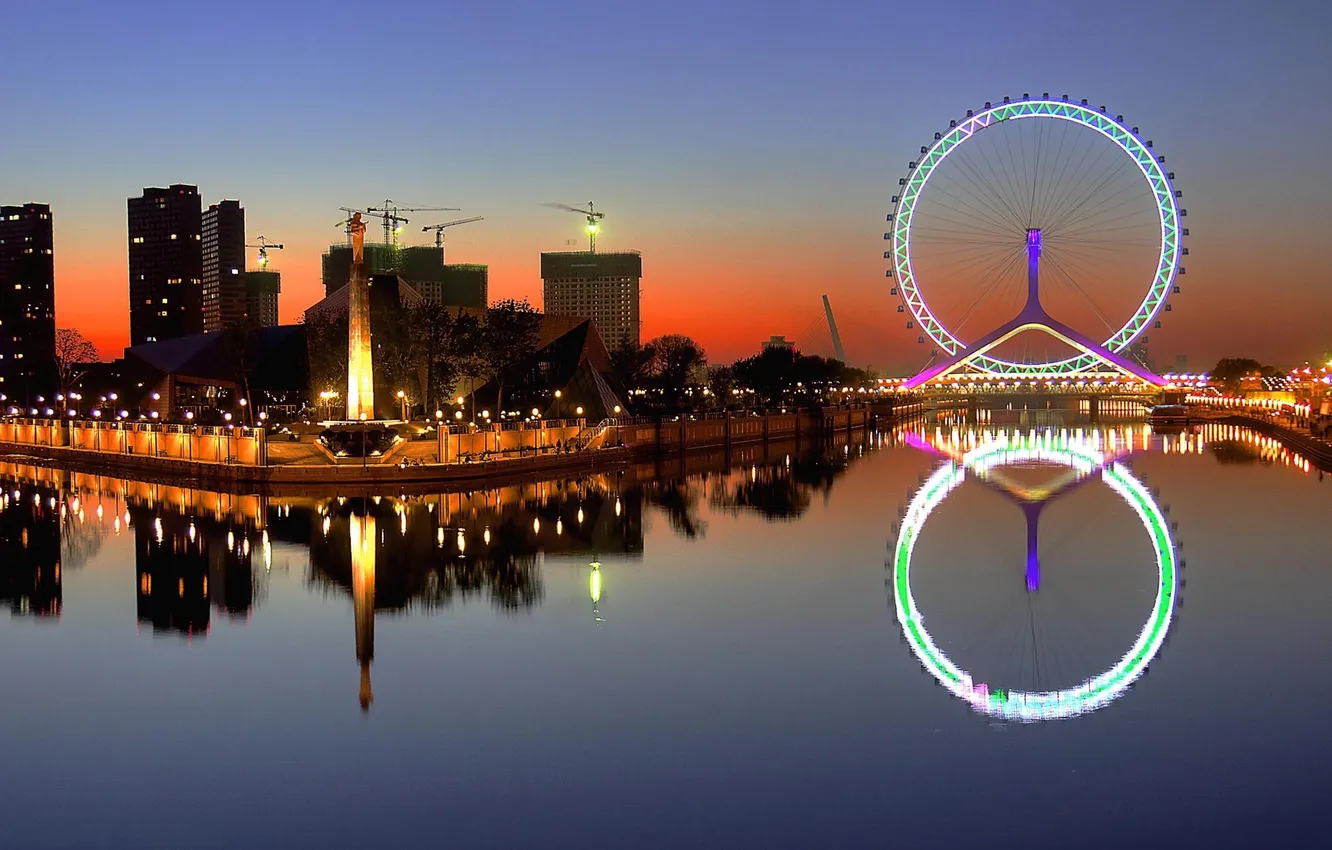 Photo wallpaper night, the city, lights, reflection, river, home, Ferris wheel
