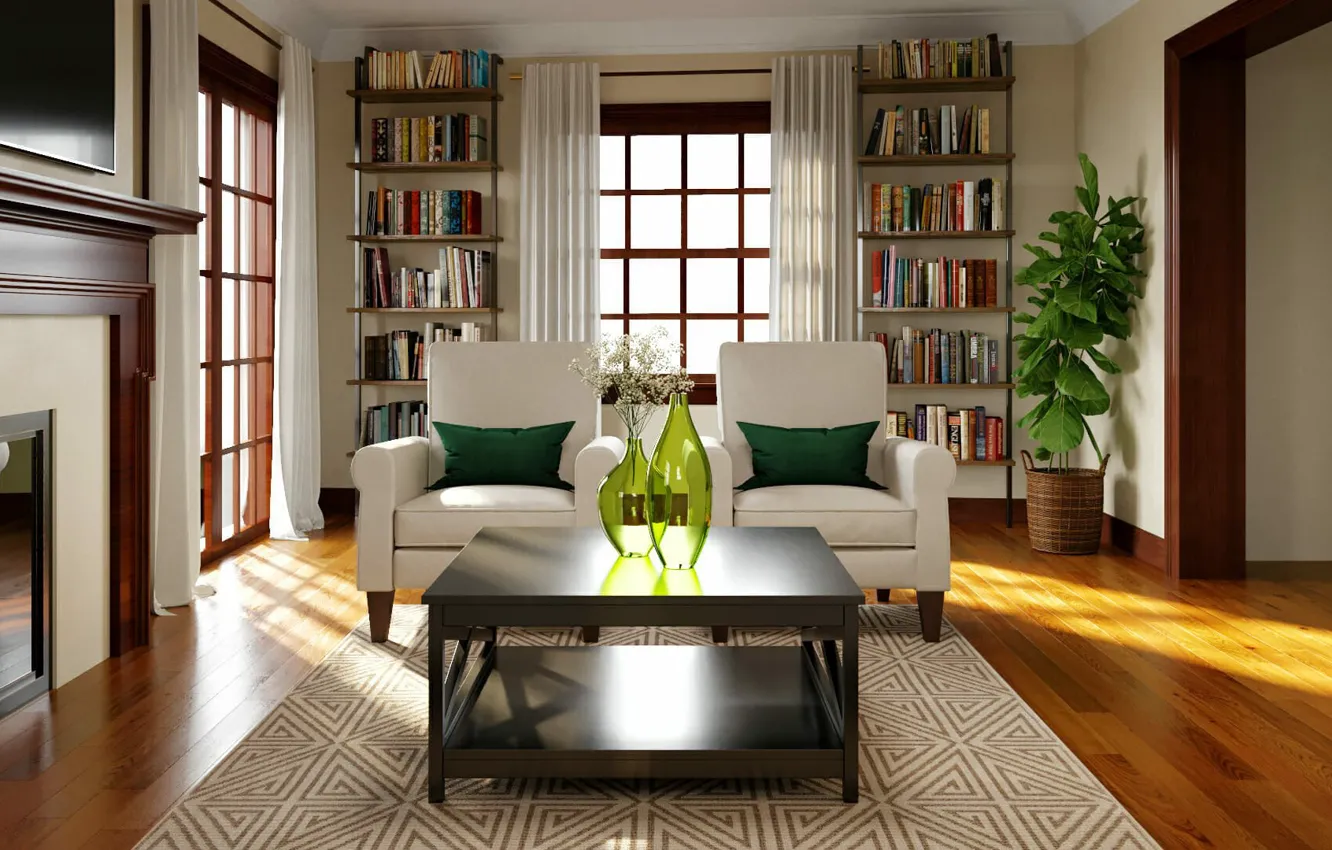 Photo wallpaper design, style, interior, fireplace, library, living room, bohemian feature medium