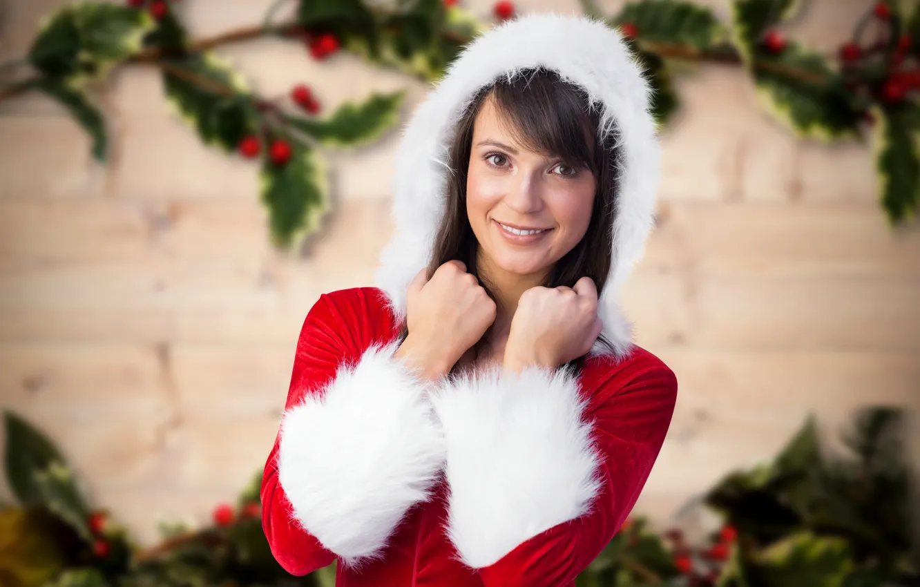 Photo wallpaper smile, background, holiday, new year, portrait, makeup, dress, brunette