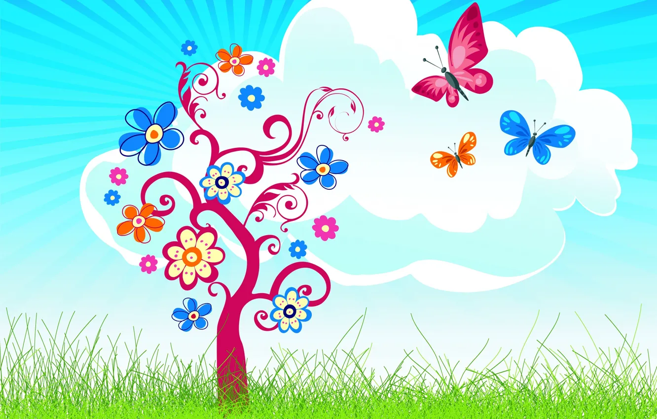 Photo wallpaper grass, butterfly, tree, cloud, flowers