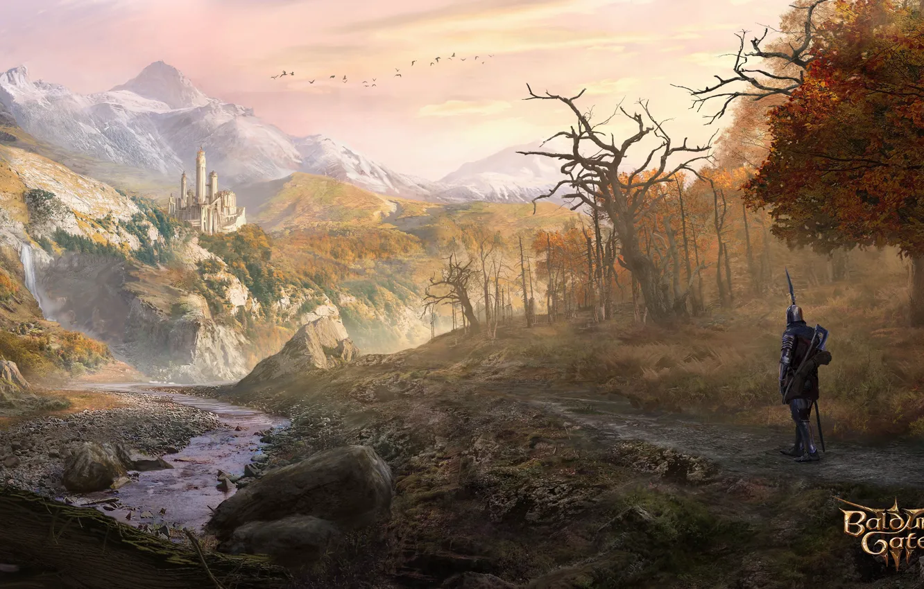 Photo wallpaper stream, castle, The game, valley, art, knight, RPG, Larian Studios