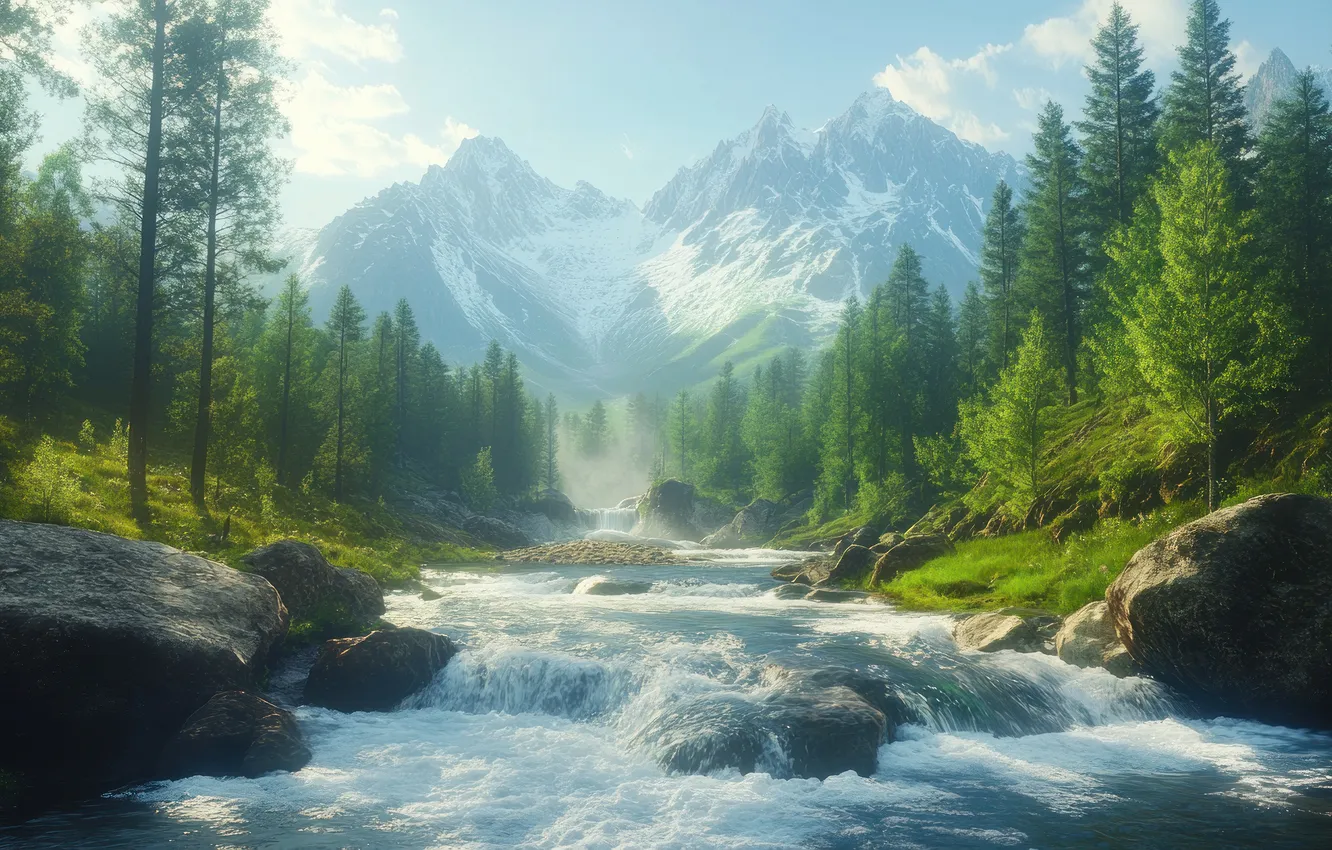 Photo wallpaper forest, clouds, light, snow, trees, mountains, fog, river