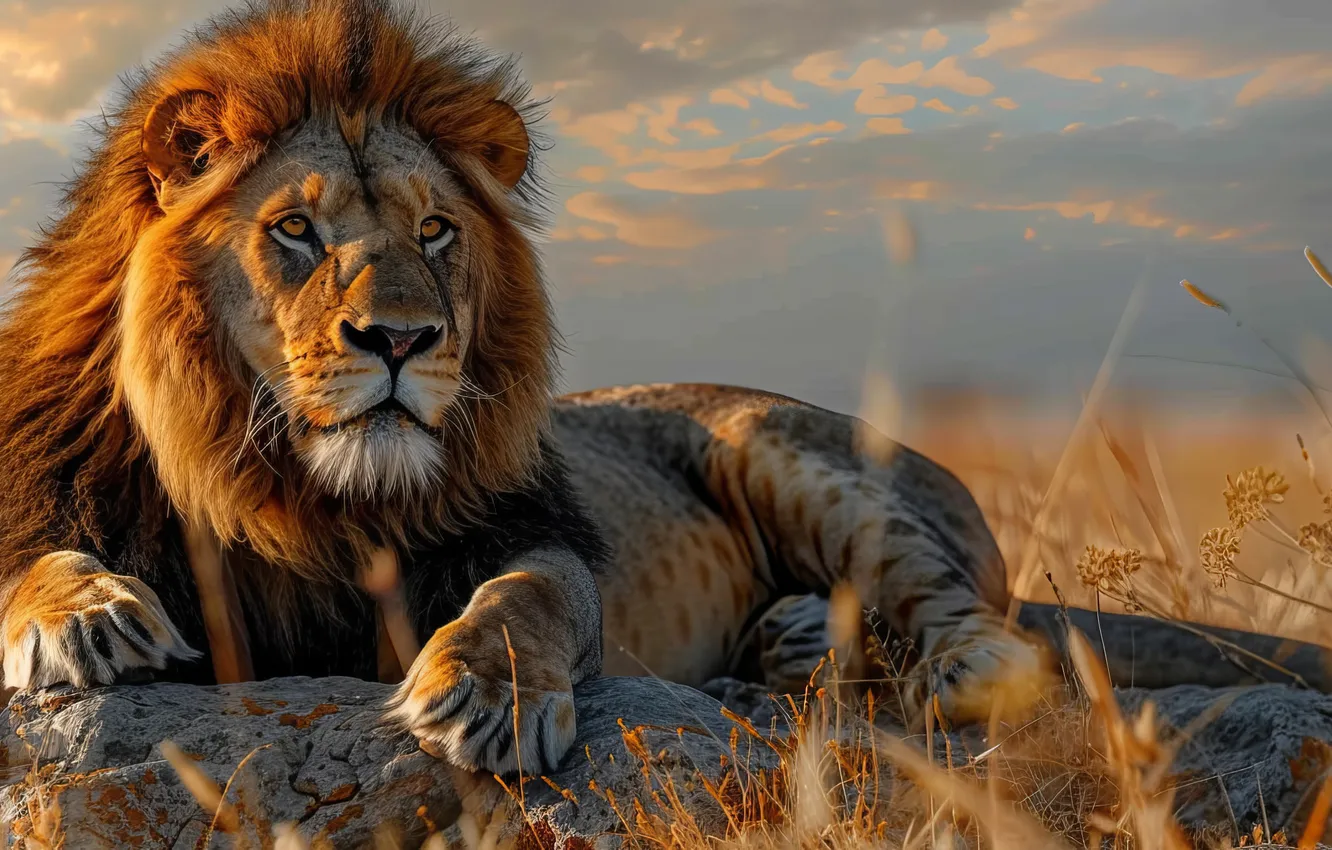 Photo wallpaper grass, stones, dawn, predator, Leo, big cat, digital art, AI art