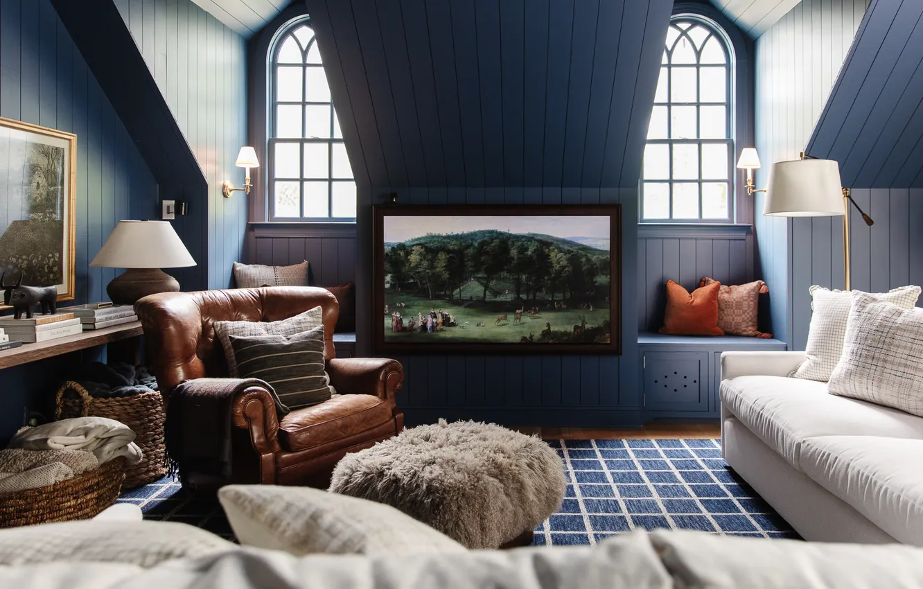 Photo wallpaper design, style, interior, picture, upholstered furniture, blue color in the interior, attic living room, A …