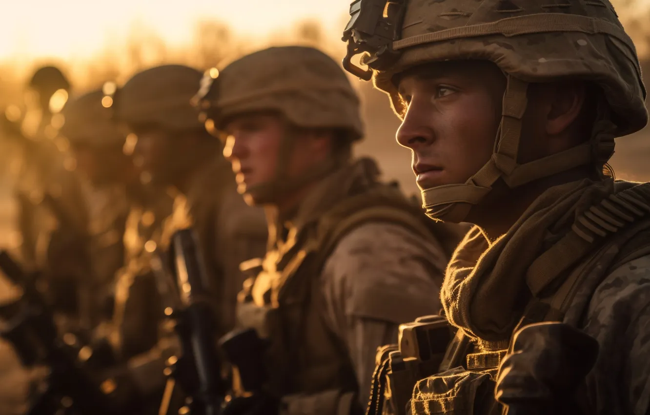 Photo wallpaper soldiers, machine, male, equipment, helmet, closeup, digital art, AI art