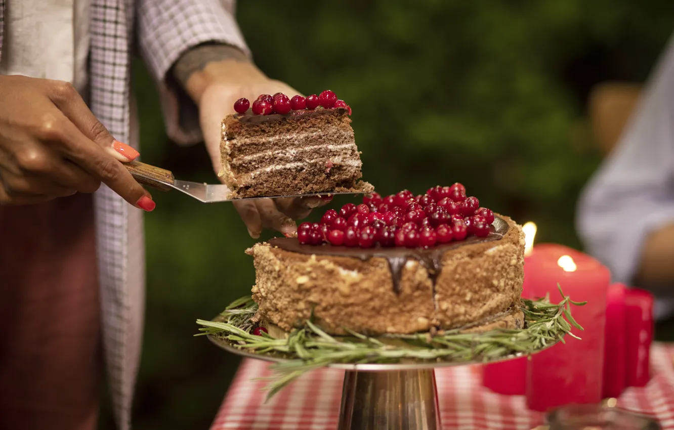 Photo wallpaper berries, hands, cake, cranberry