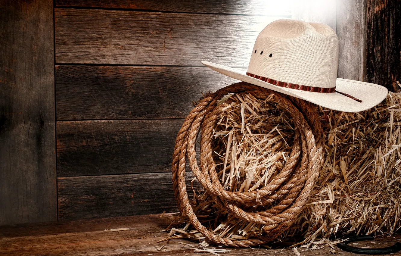 Photo wallpaper wall, wood, cowboy, rope, white hat, straw