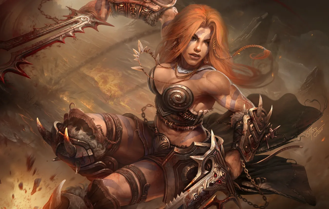 Photo wallpaper girl, sword, fantasy, cleavage, armor, tattoo, redhead, digital art