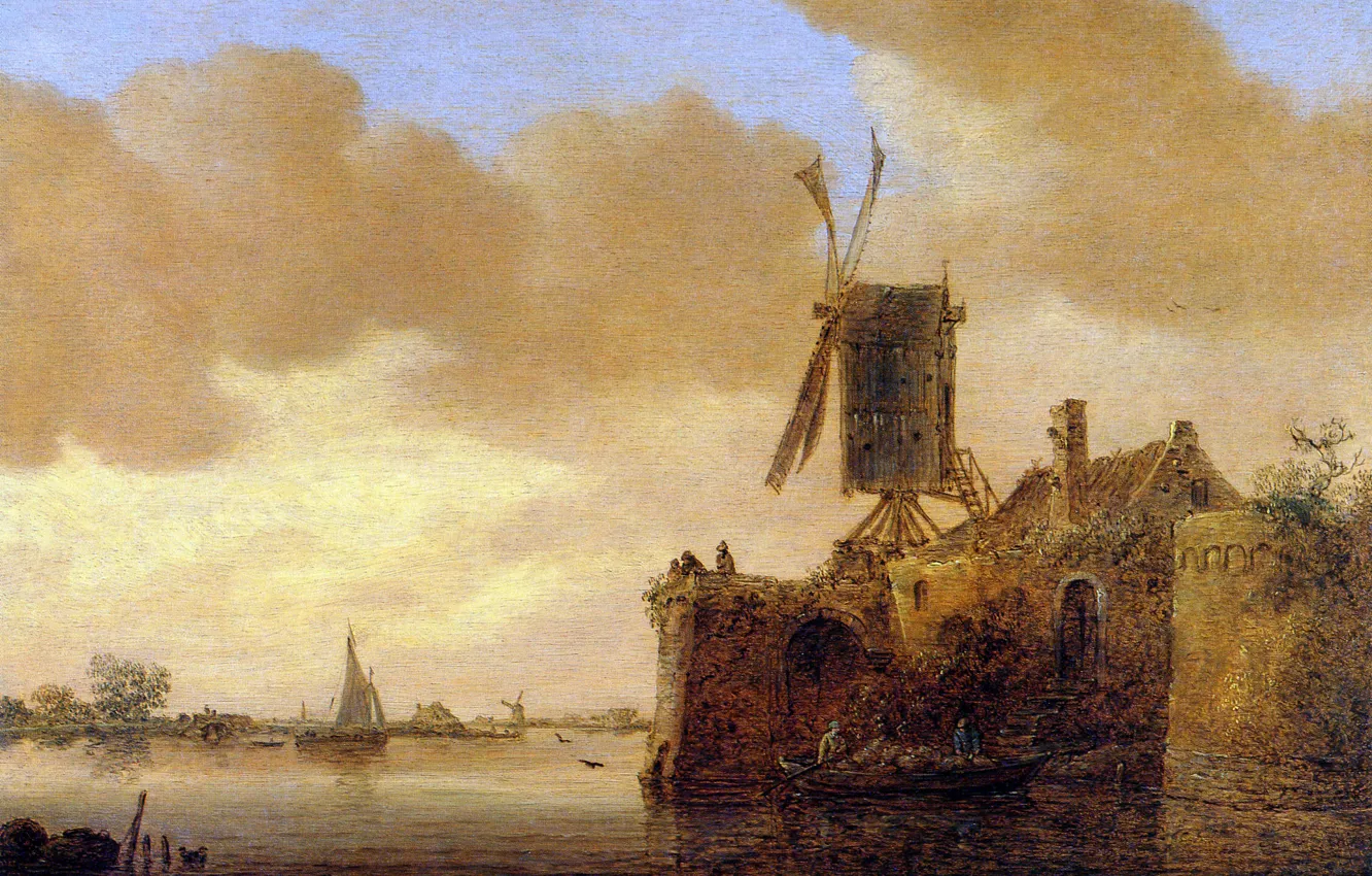 Photo wallpaper house, boat, sail, windmill, Jan van Goyen, River Landscape