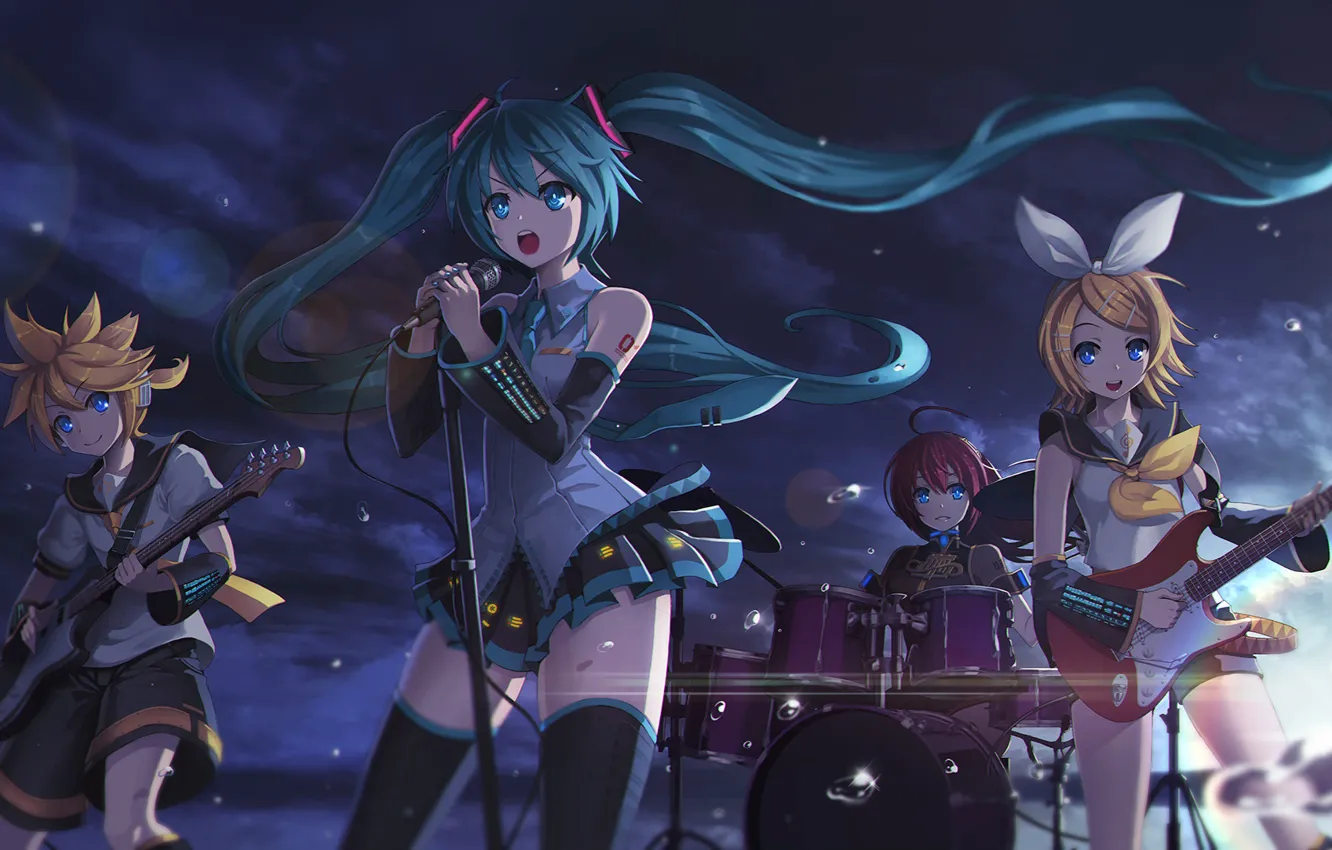 Photo wallpaper the sky, clouds, drops, sunset, girls, guitar, group, anime