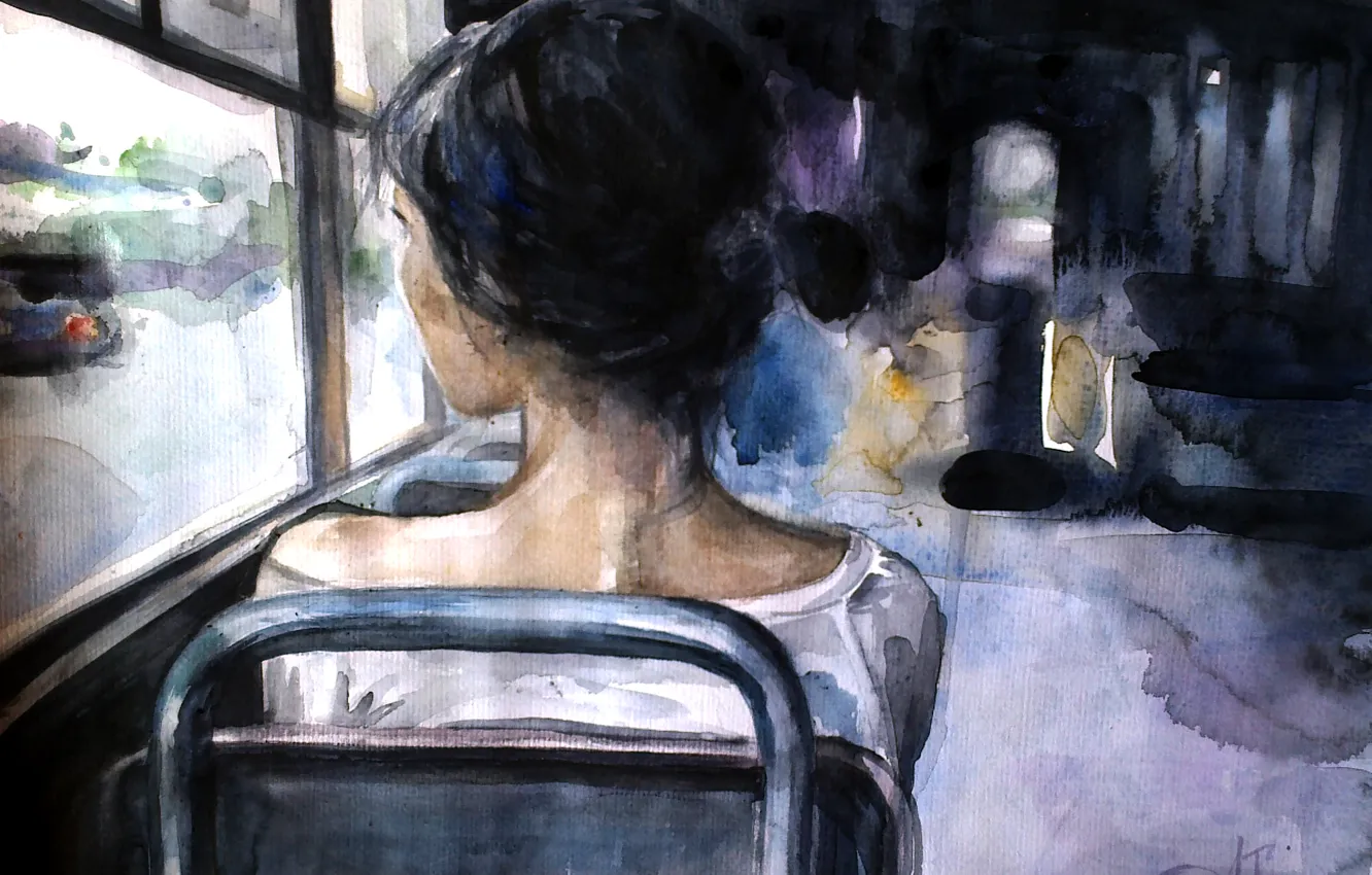 Photo wallpaper girl, loneliness, art, bus