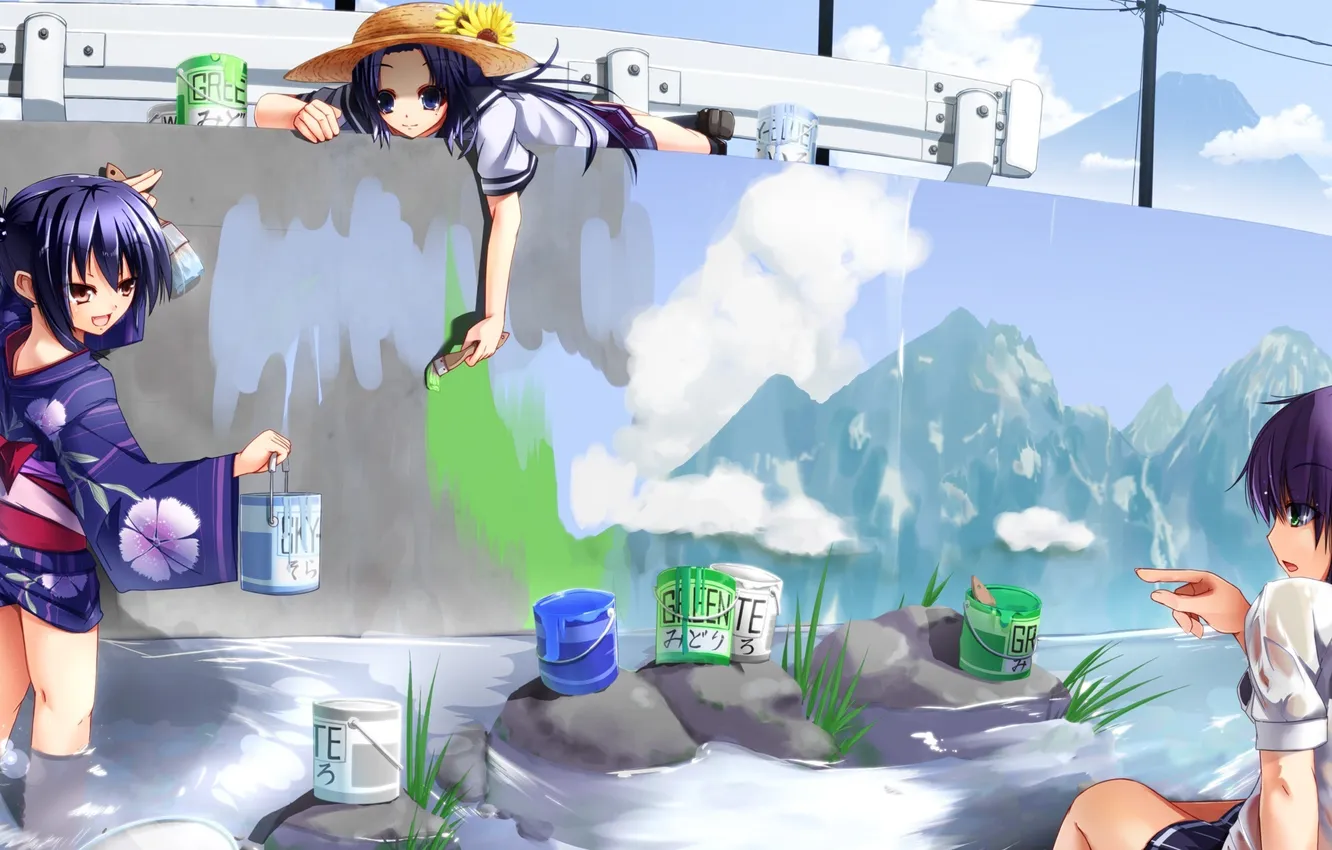 Photo wallpaper machine, mountains, the city, stones, wall, paint, figure, hat