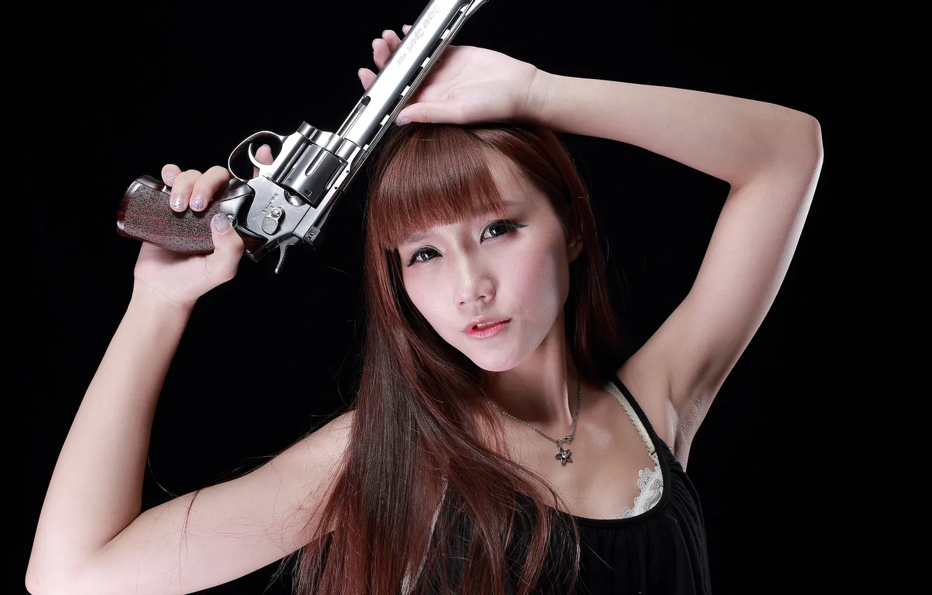 Photo wallpaper look, girl, face, gun, weapons, hair, Asian