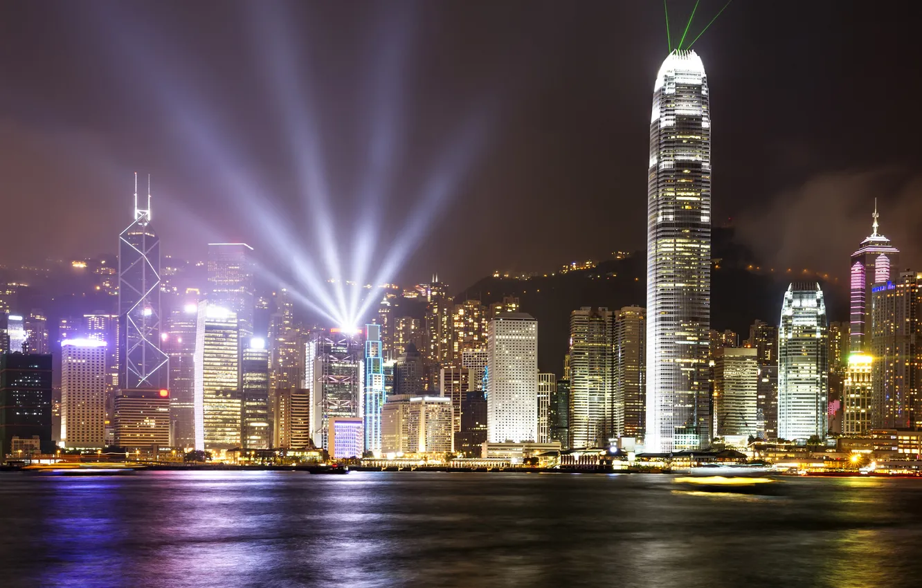 Photo wallpaper river, night lights, home, China, Hong Kong night
