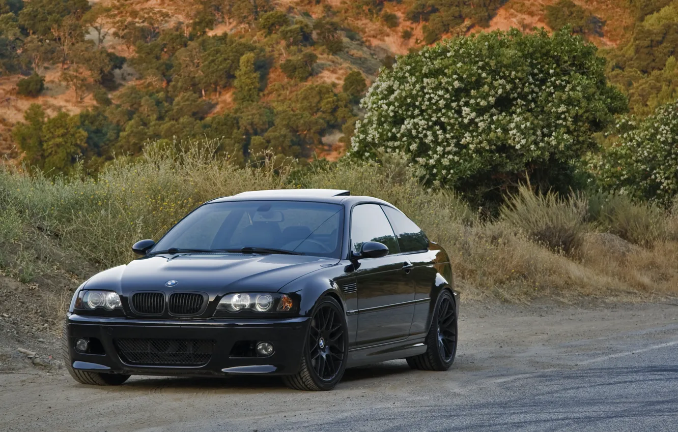 Photo wallpaper road, trees, reflection, black, bmw, BMW, slope, black