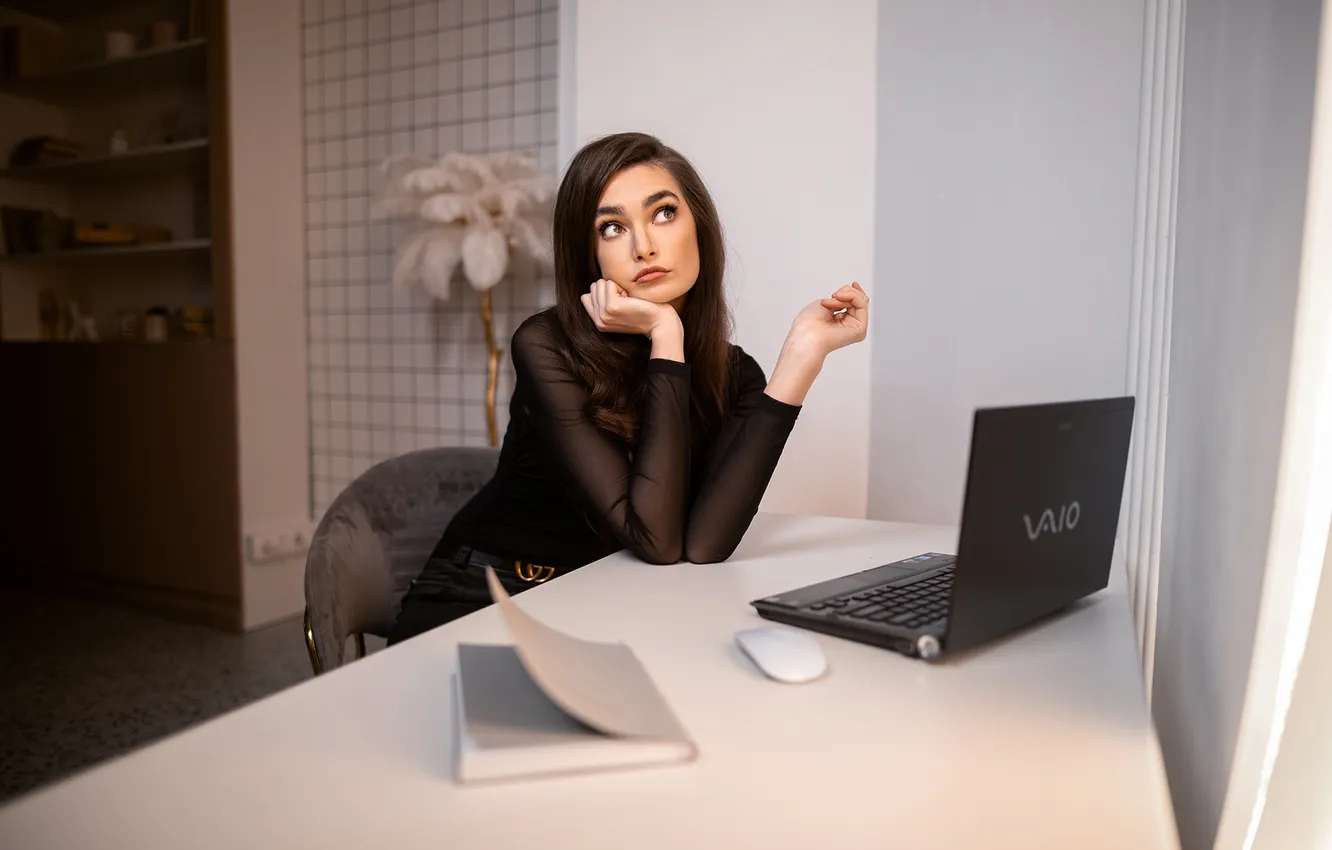 Photo wallpaper girl, sweetheart, model, Table, brunette, Wallpaper, Laptop, beautiful