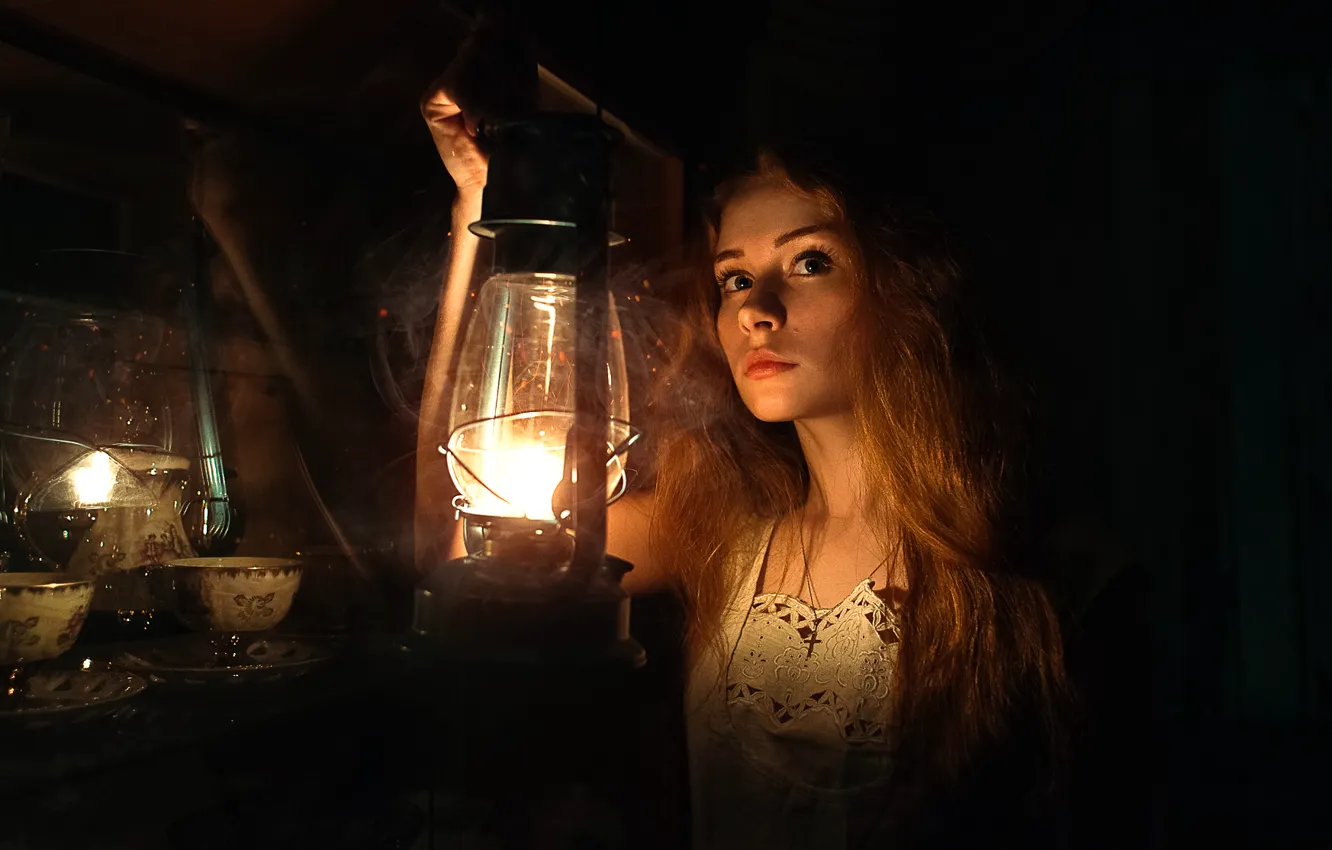 Photo wallpaper girl, darkness, lantern, Dasha