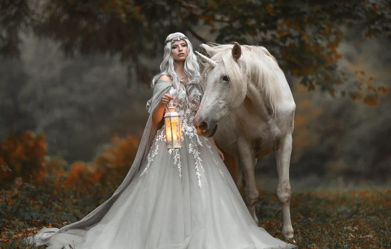 Photo wallpaper autumn, girl, style, horse, horse, fantasy, unicorn, lantern