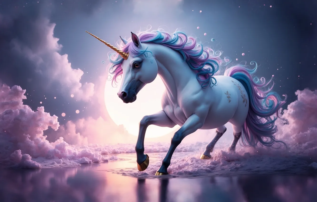 Photo wallpaper water, clouds, unicorn