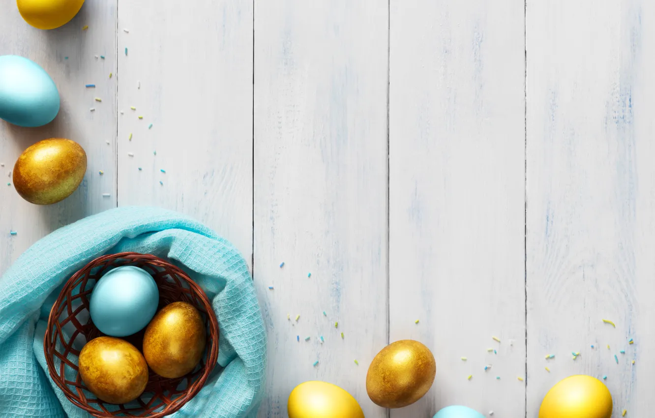 Photo wallpaper blue, basket, eggs, Easter, golden, wood, blue, spring
