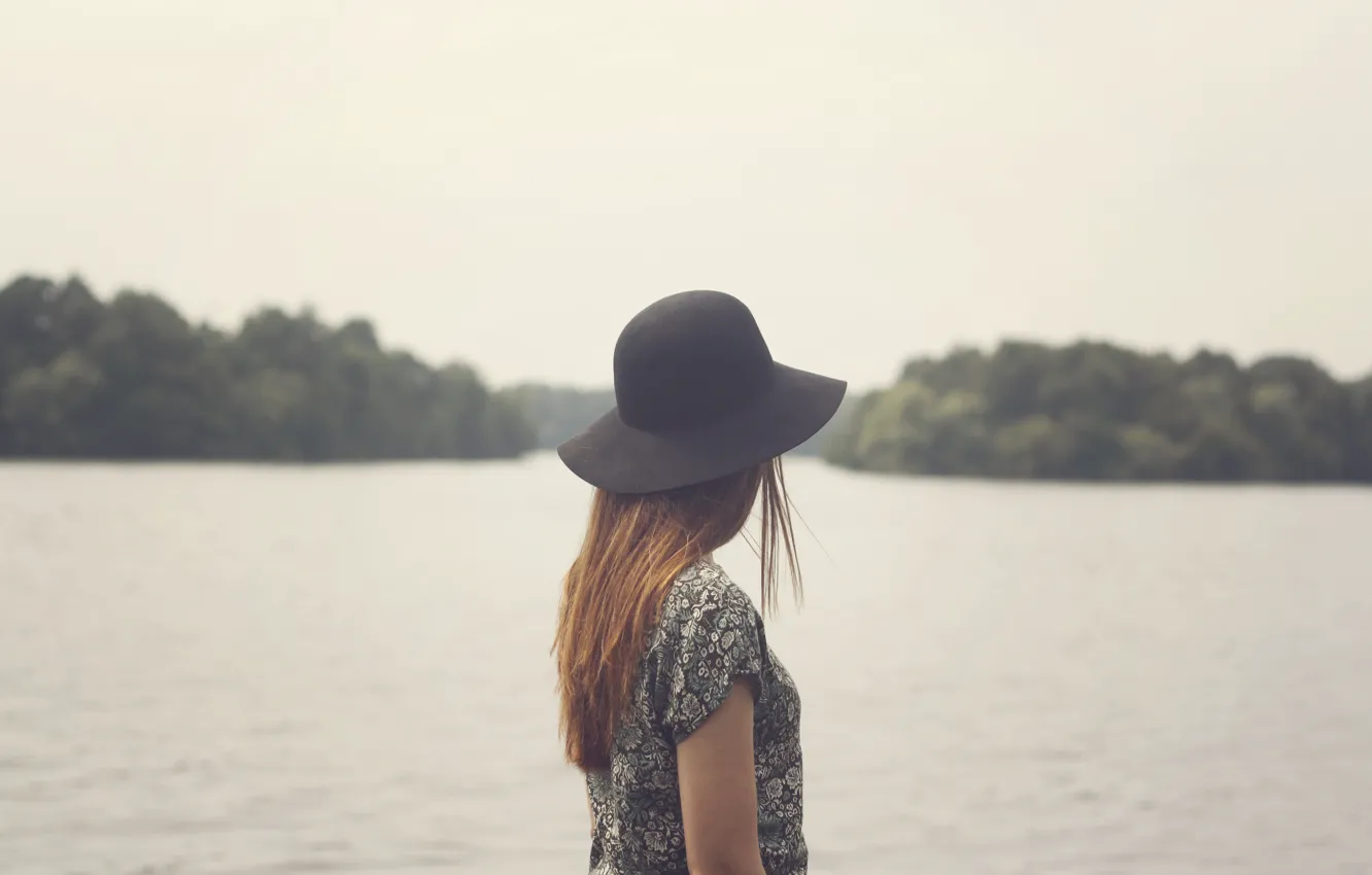 Photo wallpaper girl, hat, lake, hair