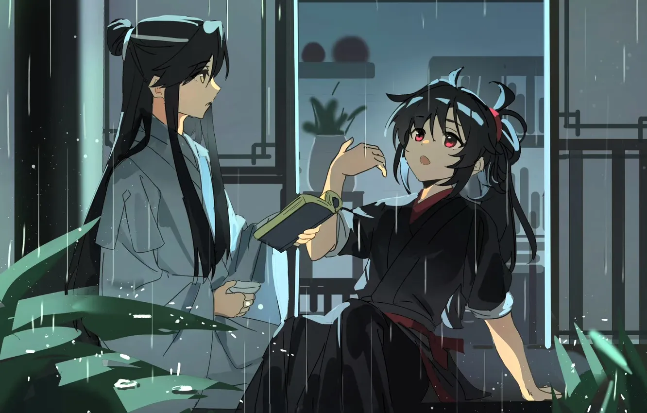 Photo wallpaper leaves, children, room, rain, book, Mo Dao Zu Shi, Lan Wangji, Wei Wuxian