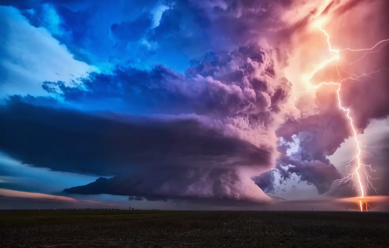 Photo wallpaper field, clouds, clouds, storm, zipper, lightning, cyclone