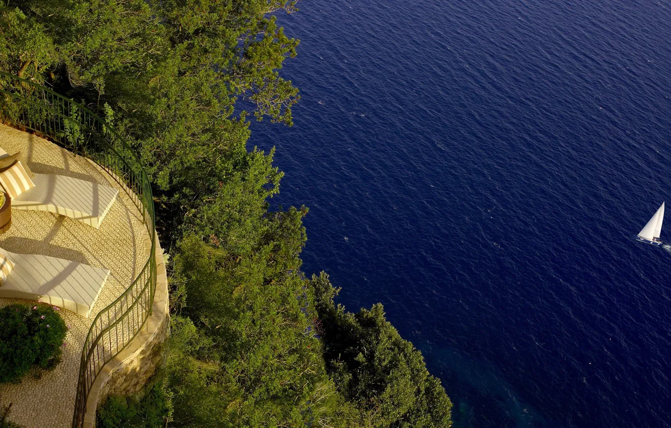 Photo wallpaper sea, landscape, mountains, view, yacht, the hotel, Capri, Hotel Caesar Augustus