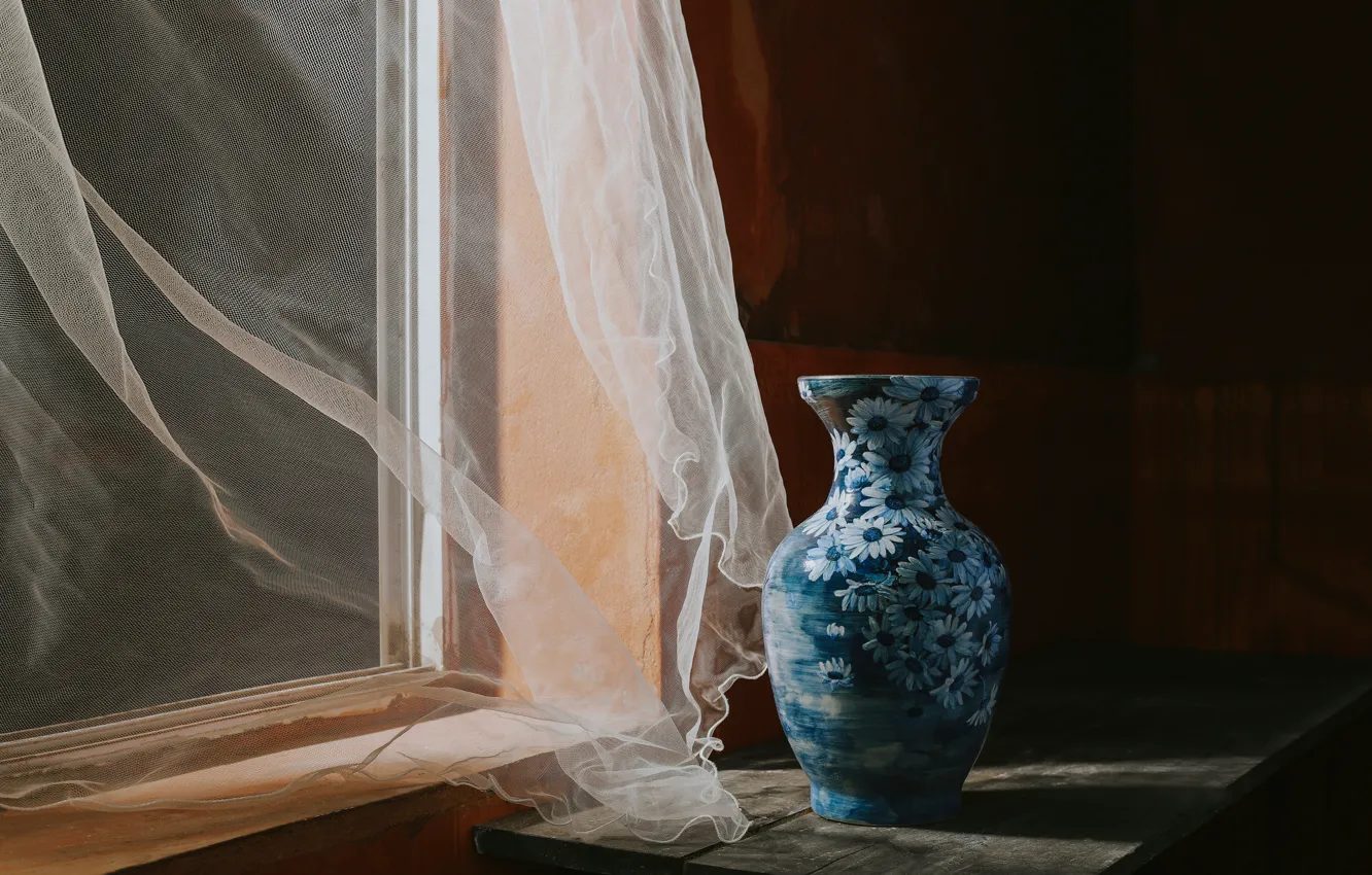Photo wallpaper light, flowers, blue, table, room, wall, the wind, window