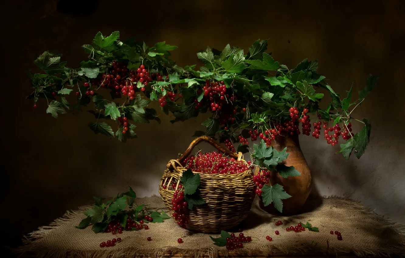 Photo wallpaper leaves, light, branches, red, berries, table, bouquet, pitcher