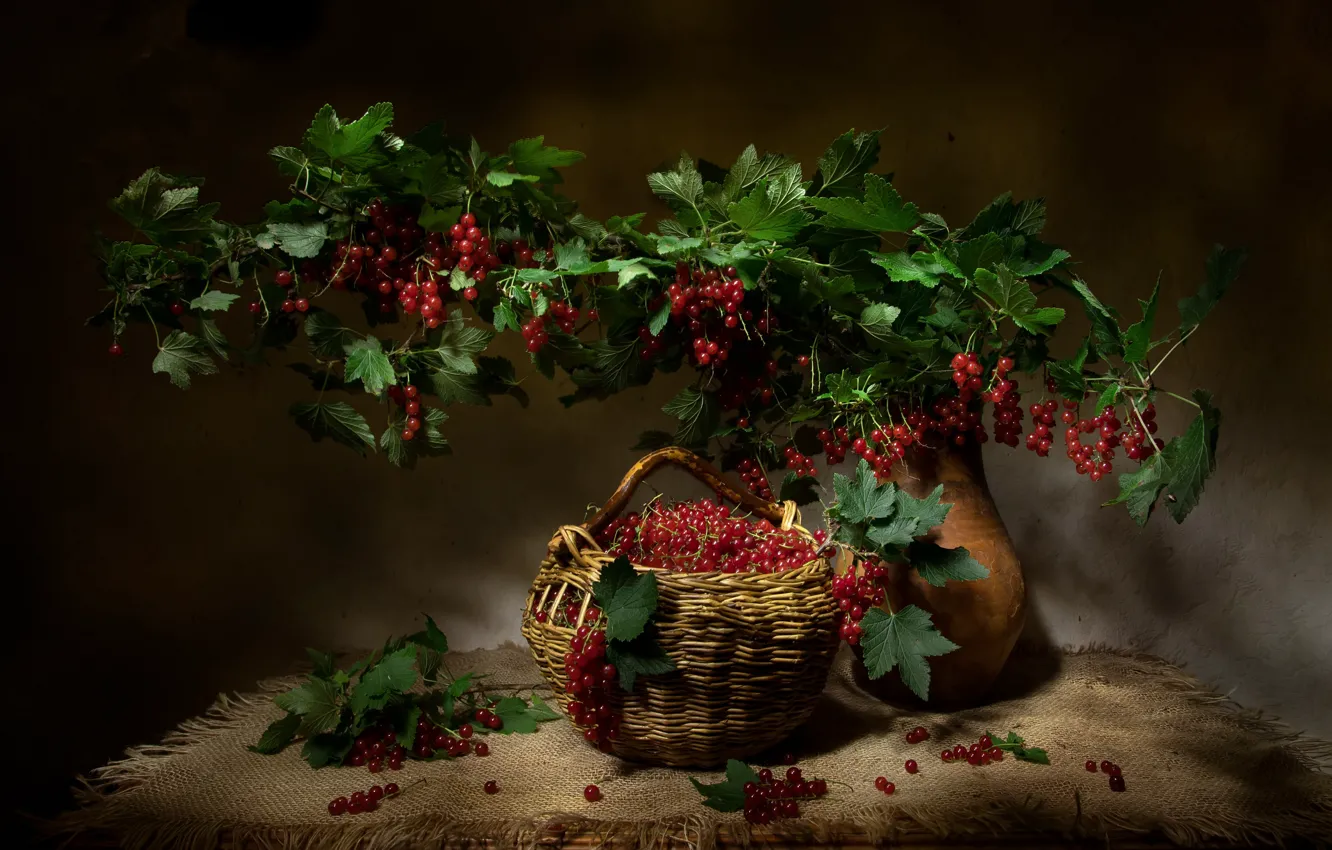 Photo wallpaper leaves, light, berries, table, bouquet, branch, pitcher, still life